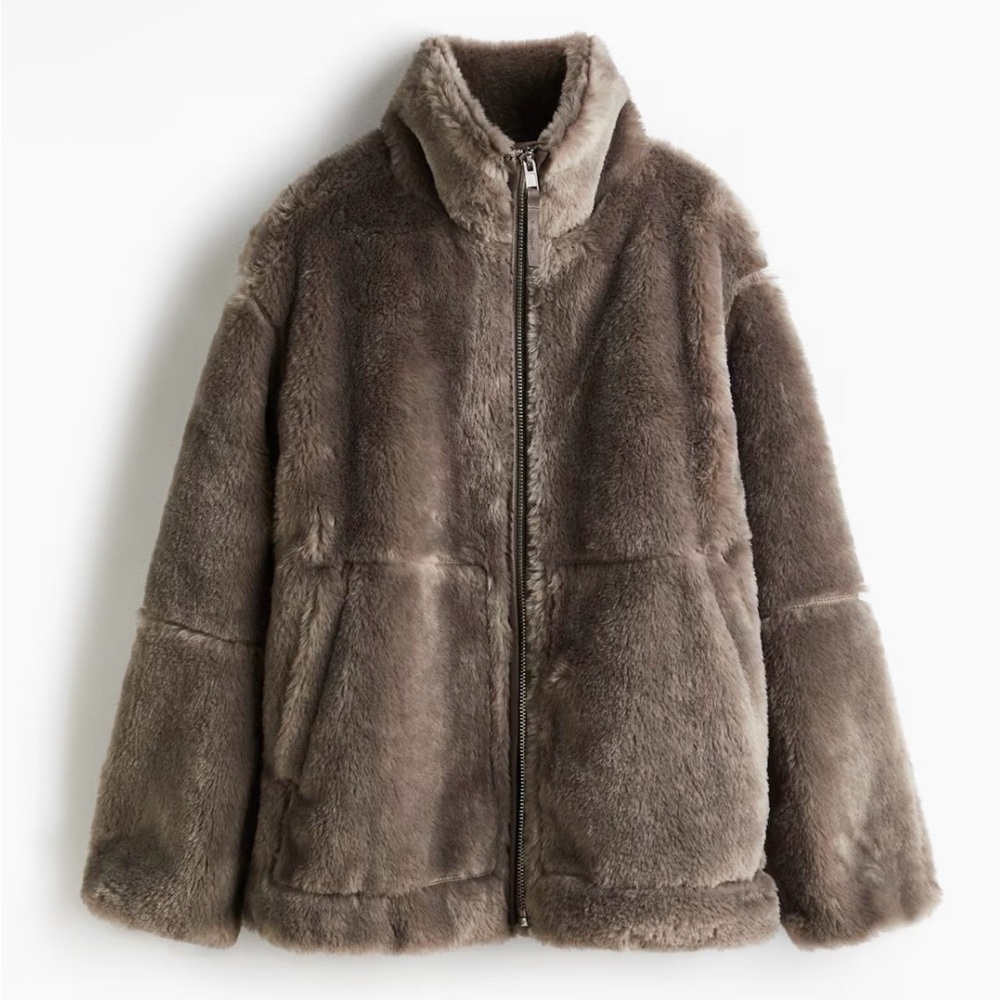 H&M Taupe Faux Fur Coat Oversized Size XS - Picture 8 of 10
